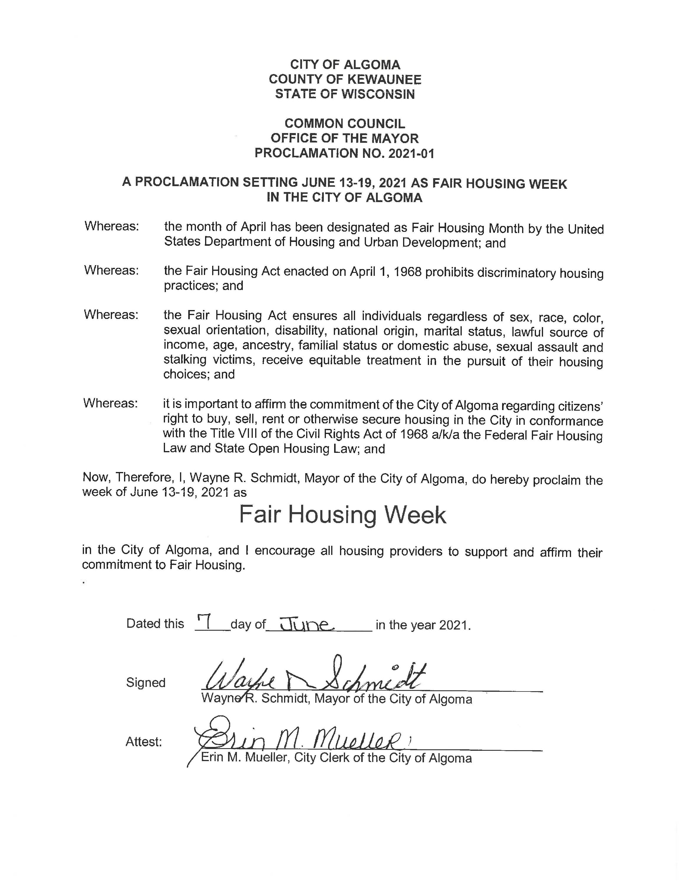 Proclamation 2021-01 Fair Housing Week